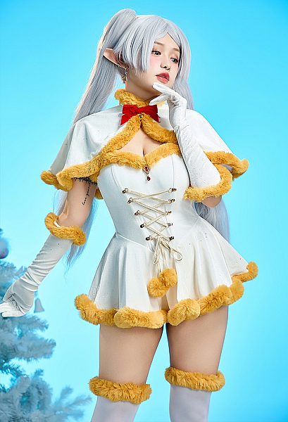 Frieren Derivative Winter Christmas Sexy Cosplay Costume Set Off-the-shoulder Bodysuit with Cape and Socks