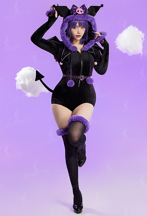 [MobFur] Anime Doll Derivative Sexy Plush Homewear Black and Purple Cute Romper with Tail and Belt