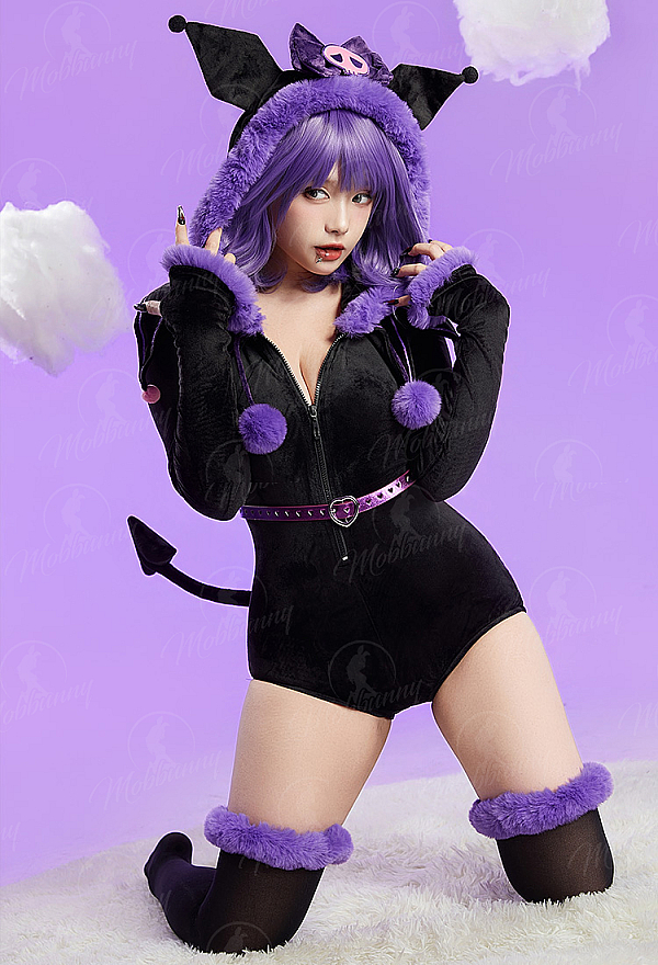[MobFur] Anime Doll Derivative Sexy Plush Homewear Black and Purple Cute Romper with Tail and Belt