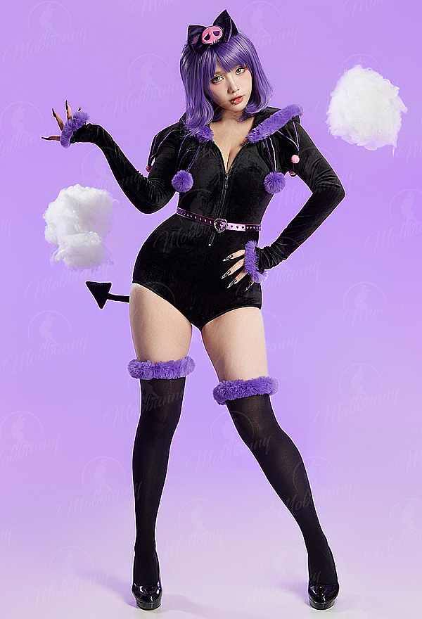 [MobFur] Anime Doll Derivative Sexy Plush Homewear Black and Purple Cute Romper with Tail and Belt