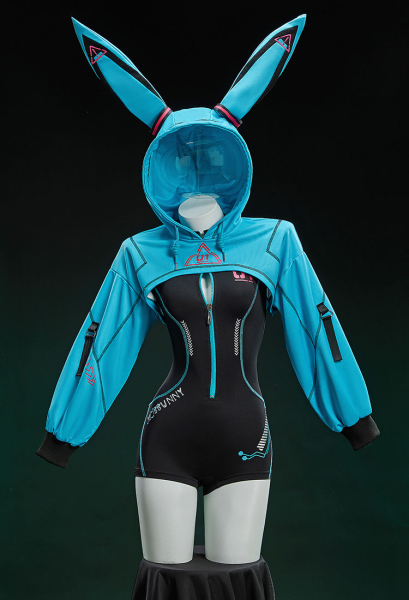 Vocal Derivative Sexy Cosplay Cyber Style Tight Sportswear Bodysuit with Hooded Short Jacket and Headdress