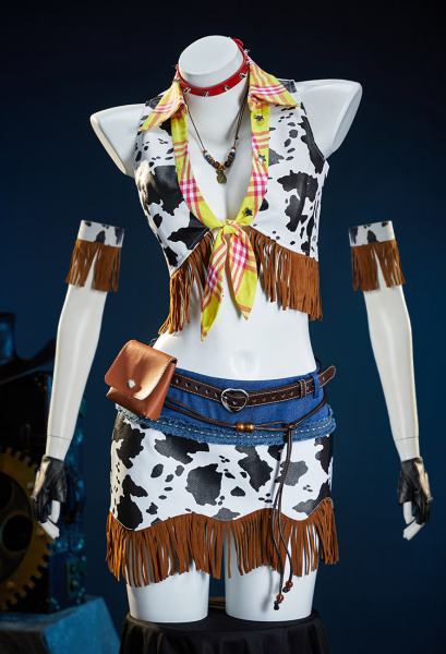 Halloween Cow Print Tassel Suit Hippie Style Sexy Cosplay Costume Cow Denim Top and Skirt with Gloves Belt