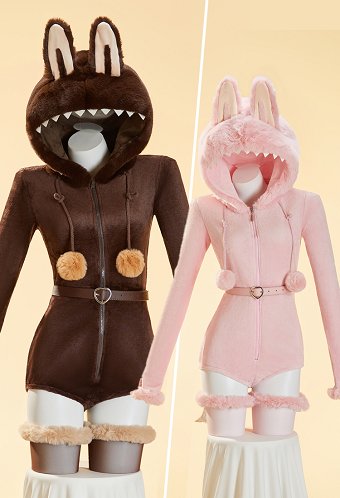 [MobFur] Plush Doll Derivative Sexy Cosplay Costume Furry Home Wear Hooded Romper with Tail and Socks