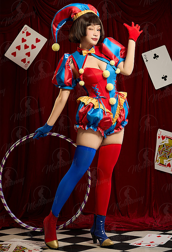 TADC Clown Girl Derivative Sexy Cosplay Costume Blue and Red Color-blocked Bodysuit and Jacket with Hat and Gloves TADC Clown Girl Derivative Sexy Cosplay Costume Blue and Red Color-blocked Bodysuit and Jacket with Hat and Gloves