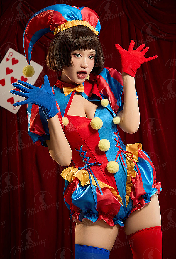 TADC Clown Girl Derivative Sexy Cosplay Costume Blue and Red Color-blocked Bodysuit and Jacket with Hat and Gloves TADC Clown Girl Derivative Sexy Cosplay Costume Blue and Red Color-blocked Bodysuit and Jacket with Hat and Gloves