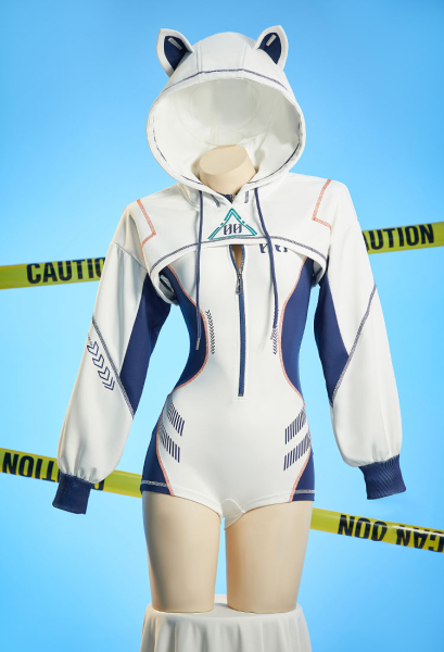 [MobMotion] Anime Derivative Sexy Cosplay Costume Sportswear Cyberpunk Style White and Blue Bodysuit with High Cutout Hoodie
