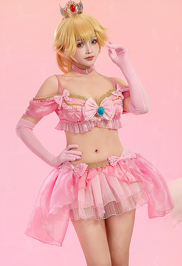 Princess Peach Derivative Music Festival Sexy Cosplay Costume Ruffled Crop Top and Skirt with Thong and Gloves