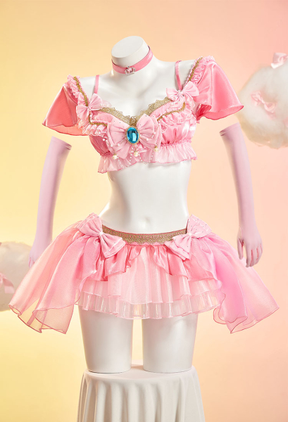 Princess Peach Derivative Music Festival Sexy Cosplay Costume Ruffled Crop Top and Skirt with Thong and Gloves