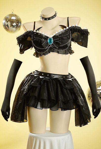 Bowsette Derivative Music Festival Sexy Cosplay Costume Ruffled Crop Top and Skirt with Thong and Gloves