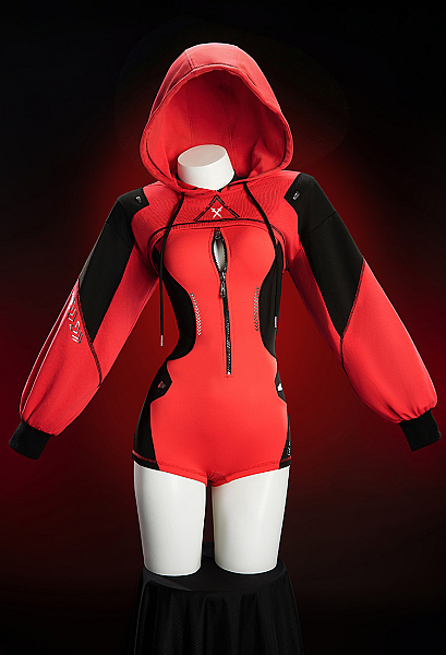 Cosplay Costume Cyberpunk Style Red and Black Bodysuit with Short Hoodie