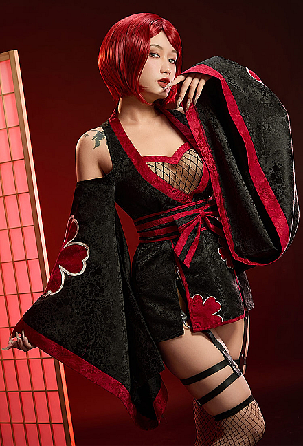 Ninja Derivative Sexy Outfit Wide-Sleeved Kimono Dress with Obi Belt and Socks