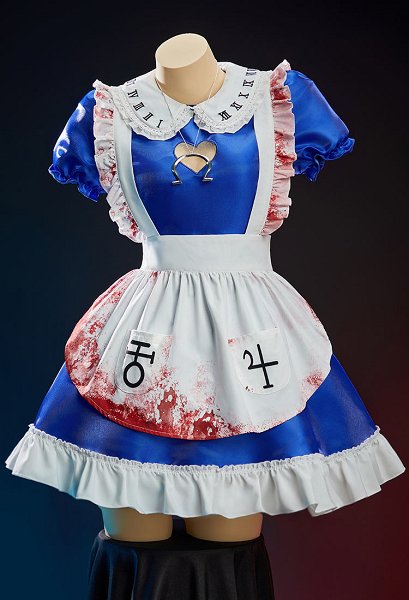 Alice Derivative Sexy Outfit Puff-sleeved Dress with Bloodstain Print Apron and Stockings