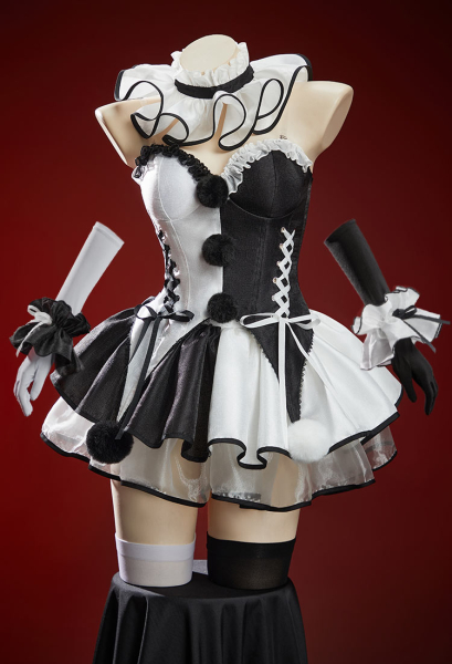 Terrifier Derivative Halloween Sexy Corset Dress Set Black and White Color-blocked Off-shoulder Top and Skirt with Gloves and Collar