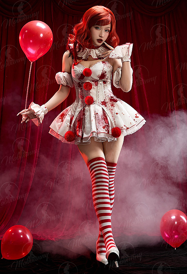 It Derivative Halloween Sexy Costume Set Bloodstain Print Off-shoulder Top and Skirt with Collar It Derivative Halloween Sexy Costume Set Bloodstain Print Off-shoulder Top and Skirt with Collar