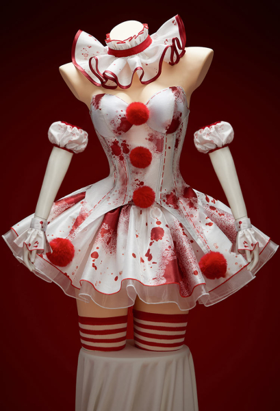 It Derivative Halloween Sexy Costume Set Bloodstain Print Off-shoulder Top and Skirt with Collar