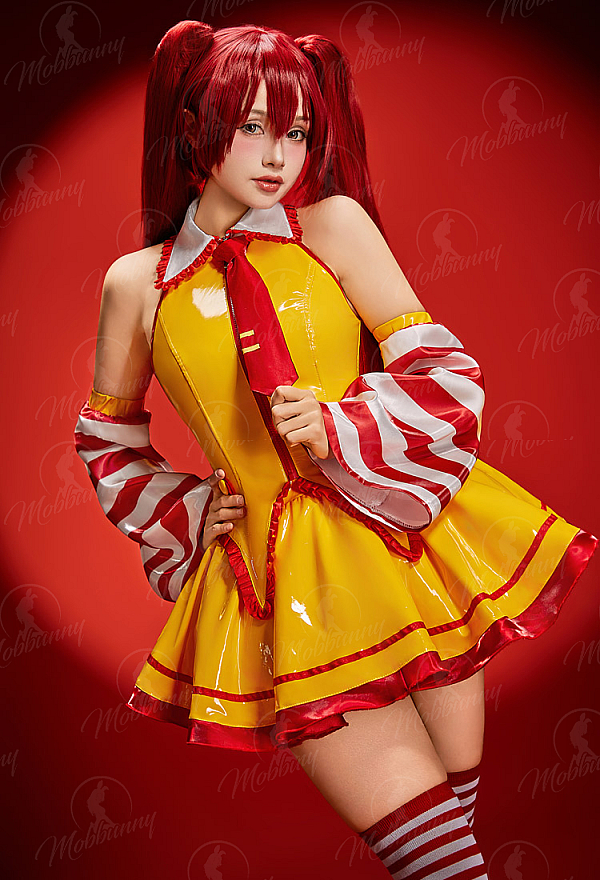 Vocal Derivative Sexy Waitress Uniform Outfit Sleeveless Top and Skirt with Sleeves and Stockings