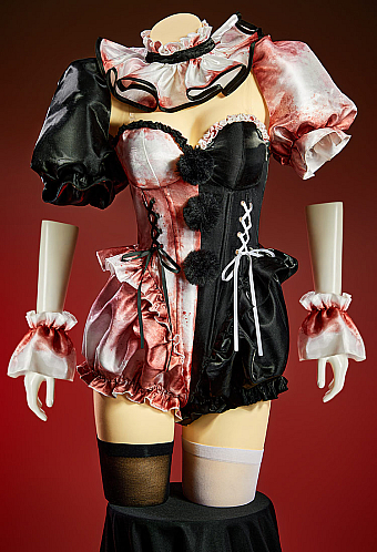 Terrifier Derivative Blood-splatter Print Sexy Cosplay Costume Black White Color-block Bodysuit and Puff Sleeves Bolero with Hat and Collar