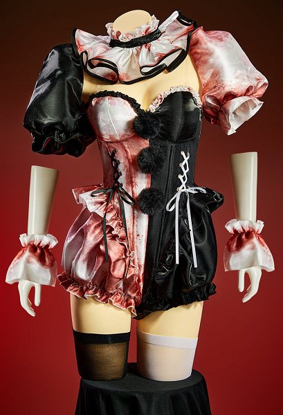 Terrifier Derivative Blood-splatter Print Sexy Cosplay Costume Black White Color-block Bodysuit and Puff Sleeves Bolero with Hat and Collar