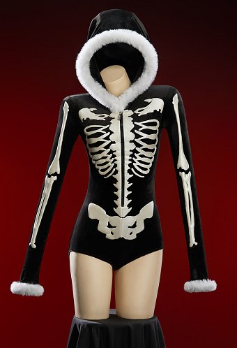 [MobFur] Halloween Black and White Skull Patterned Sexy Plush Romper Winter Hooded Bodysuit