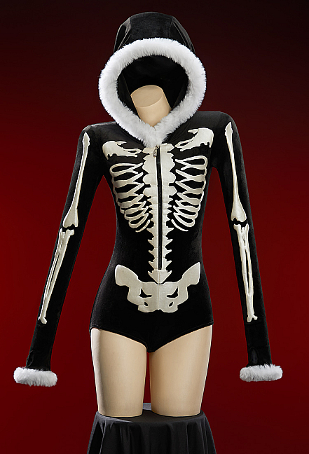 [MobFur] Halloween Black and White Skull Patterned Sexy Plush Romper Winter Hooded Bodysuit