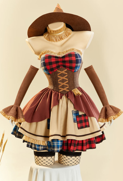 Halloween Sexy Scarecrow-style Patchwork Strapless Dress with Hat and Sleeves