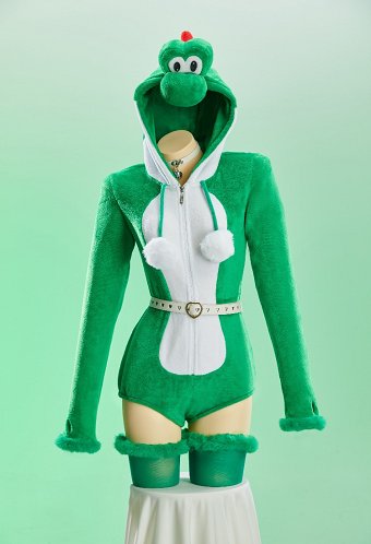 [MobFur] Yoshi Derivative Sexy Cosplay Costume Plush Romper Hooded Bodysuit with Belt and Tail