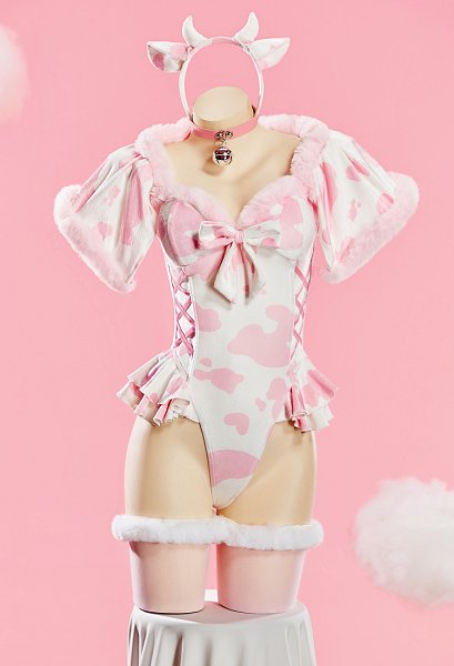 Plush Cow Bodysuit Short Cape and Headband