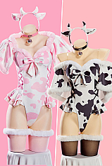 Sexy Plush Jumpsuit Outfit Cow Print High Slit Bodysuit Short Cape and Headband