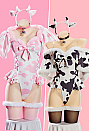 Sexy Plush Jumpsuit Outfit Cow Print High Slit Bodysuit Short Cape and Headband