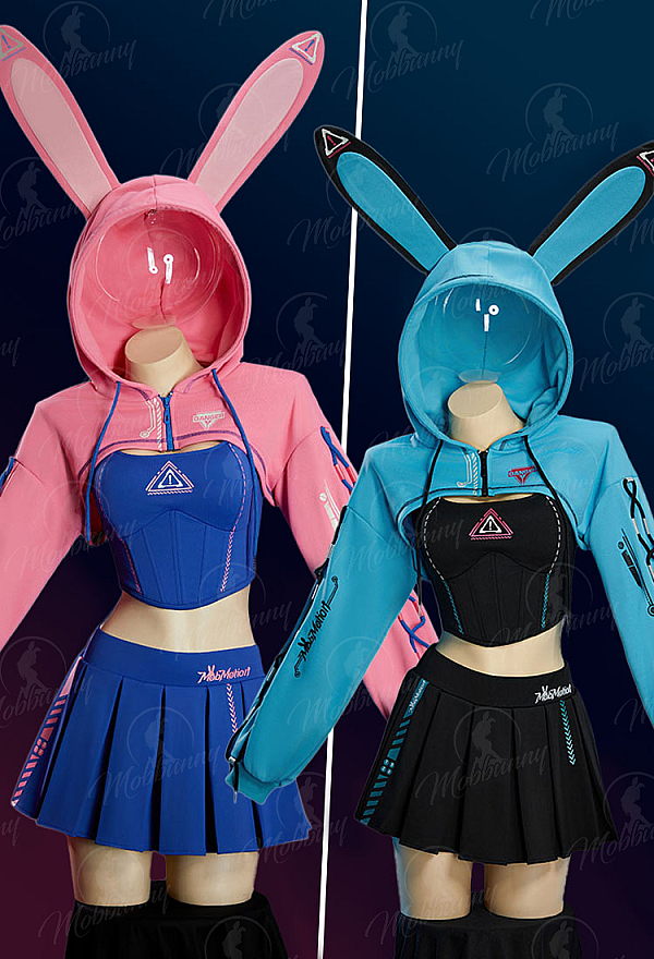 [MobMotion] Cyber-style Two-piece Sportswear Yoga Outfit Camisole Pleated Skirt with Cropped Hooded Jacket