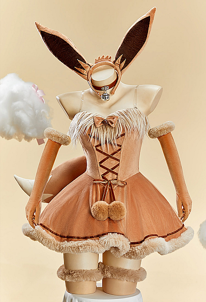 PM Derivative Christmas Winter Plush Sexy Cosplay Costume Strapless Dress with Headband and Tail