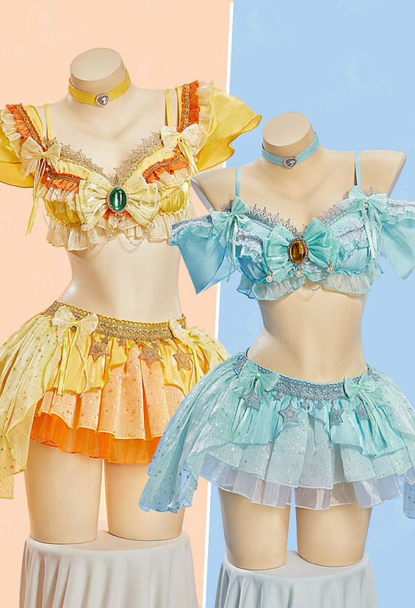 Princess Daisy & Rosalina Derivative Music Festival Sexy Cosplay Costume Ruffled Crop Top and Skirt with Panty and Gloves