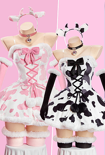 [MobFur] Sexy Winter Cow-print Plush Outfit Strapless Dress with Gloves and Headband