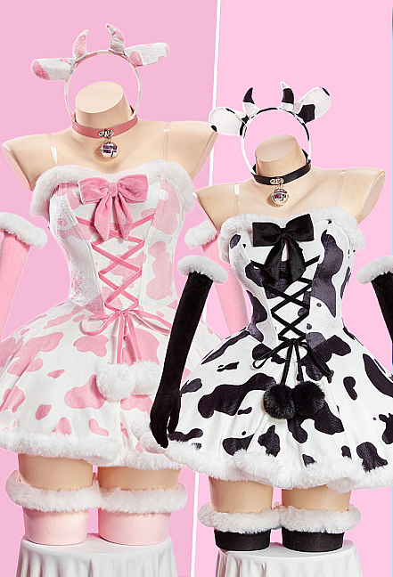 [MobFur] Sexy Winter Cow-print Plush Outfit Strapless Dress with Gloves and Headband
