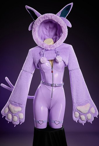 [MobPaws] PM Derivative Sexy Cosplay Costume Tight Leather Bodysuit and Cropped Hoodie with Fluffy Paws and Tail