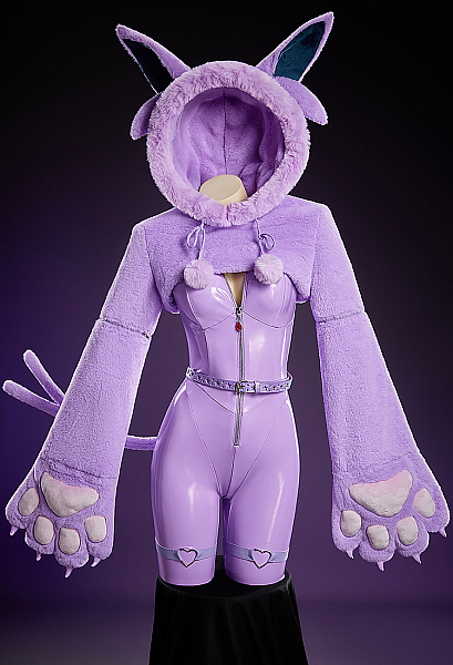 [MobPaws] PM Derivative Sexy Cosplay Costume Tight Leather Bodysuit and Cropped Hoodie with Fluffy Paws and Tail