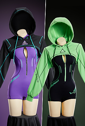 [MobMotion] Sexy Cyber-style Yoga Sportswear Outfit Cropped Long-sleeve Bodysuit with Hooded Short Jacket