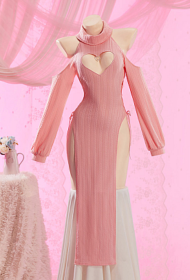 Sexy Heart-Pattern Knit Love Cheongsam Outfit High-Slit Lace-up Dress