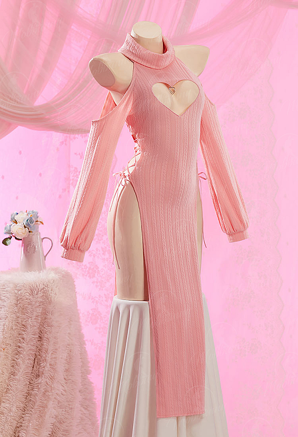 Sexy Heart-Pattern Knit Love Cheongsam Outfit High-Slit Lace-up Dress