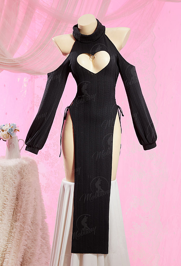 Sexy Heart-Pattern Knit Love Cheongsam Outfit High-Slit Lace-up Dress
