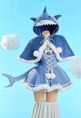 [MobFur] Sexy Shark-Themed Winter Christmas Plush Outfit Set Strapless Dress with Hooded Cape and Tail