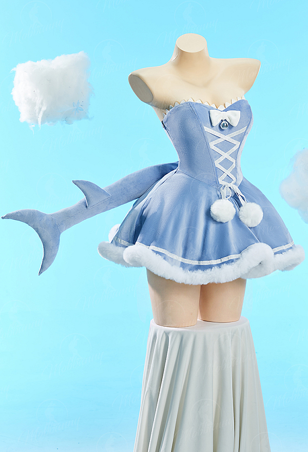 [MobFur] Sexy Shark-Themed Winter Christmas Plush Outfit Set Strapless Dress with Hooded Cape and Tail