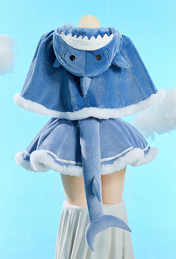 [MobFur] Sexy Shark-Themed Winter Christmas Plush Outfit Set Strapless Dress with Hooded Cape and Tail