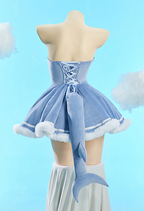[MobFur] Sexy Shark-Themed Winter Christmas Plush Outfit Set Strapless Dress with Hooded Cape and Tail
