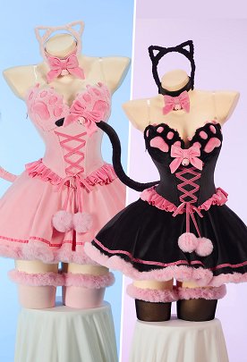 [MobFur] Sexy Cat-themed Winter Plush Outfit Off-the-shoulder Cat Paw Dress with Headband and Tail