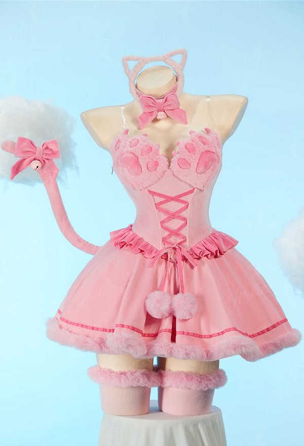 [MobFur] Sexy Cat-themed Winter Plush Outfit Off-the-shoulder Cat Paw Dress with Headband and Tail