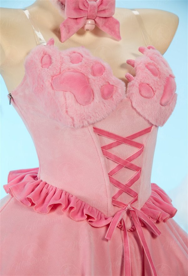 [MobFur] Sexy Cat-themed Winter Plush Outfit Off-the-shoulder Cat Paw Dress with Headband and Tail