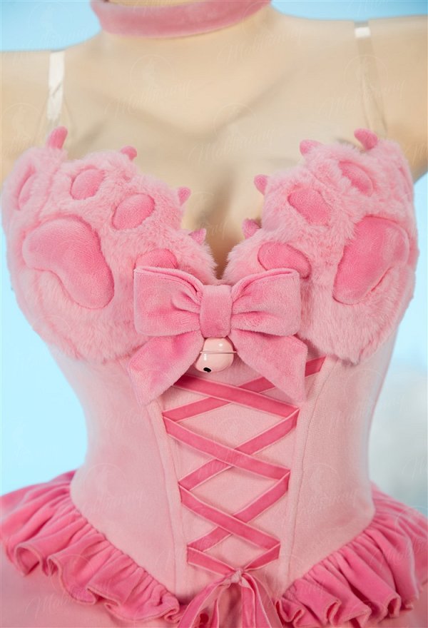 [MobFur] Sexy Cat-themed Winter Plush Outfit Off-the-shoulder Cat Paw Dress with Headband and Tail