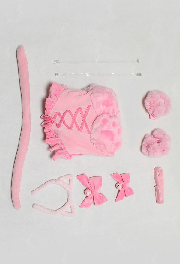 [MobFur] Sexy Cat-themed Winter Plush Outfit Off-the-shoulder Cat Paw Dress with Headband and Tail