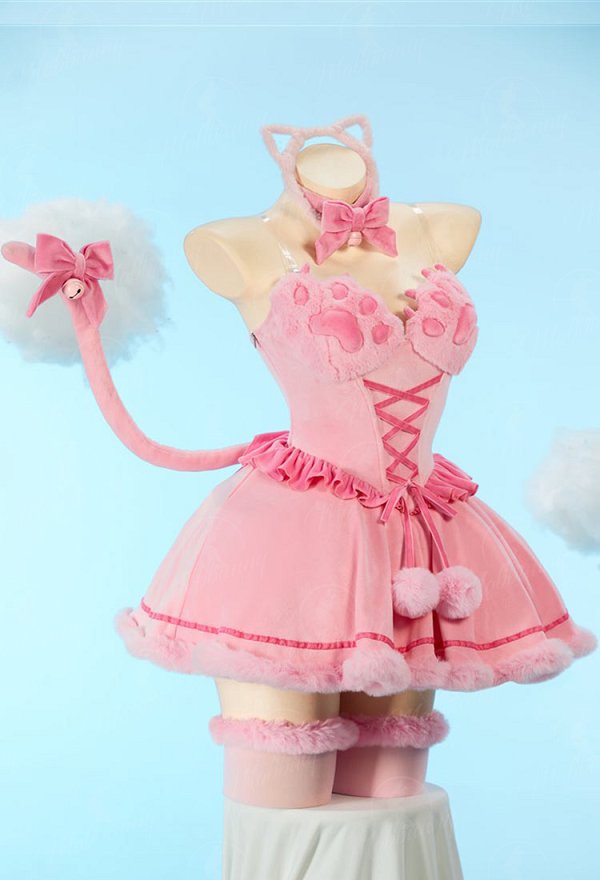 [MobFur] Sexy Cat-themed Winter Plush Outfit Off-the-shoulder Cat Paw Dress with Headband and Tail